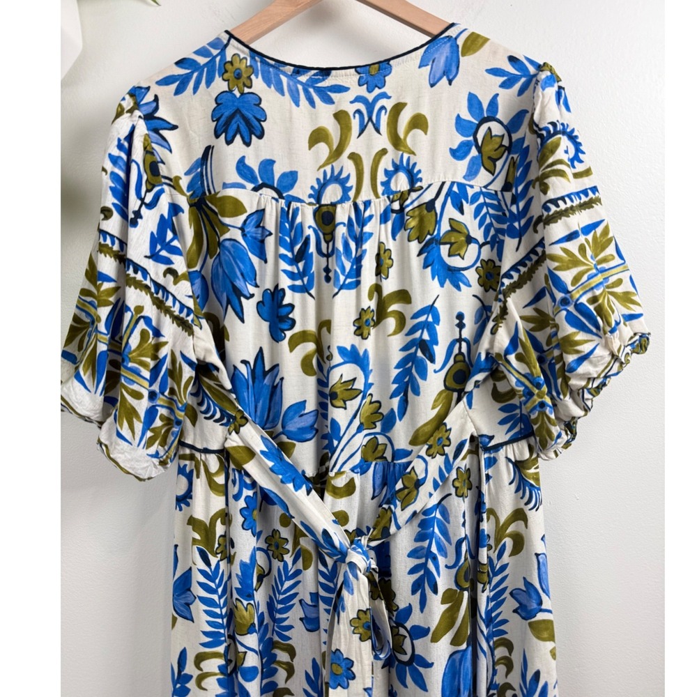 Fig + Flower Women 2X Blue Olive Floral Linen Blend Midi Dress V-Neck Boho - Picture 5 of 9